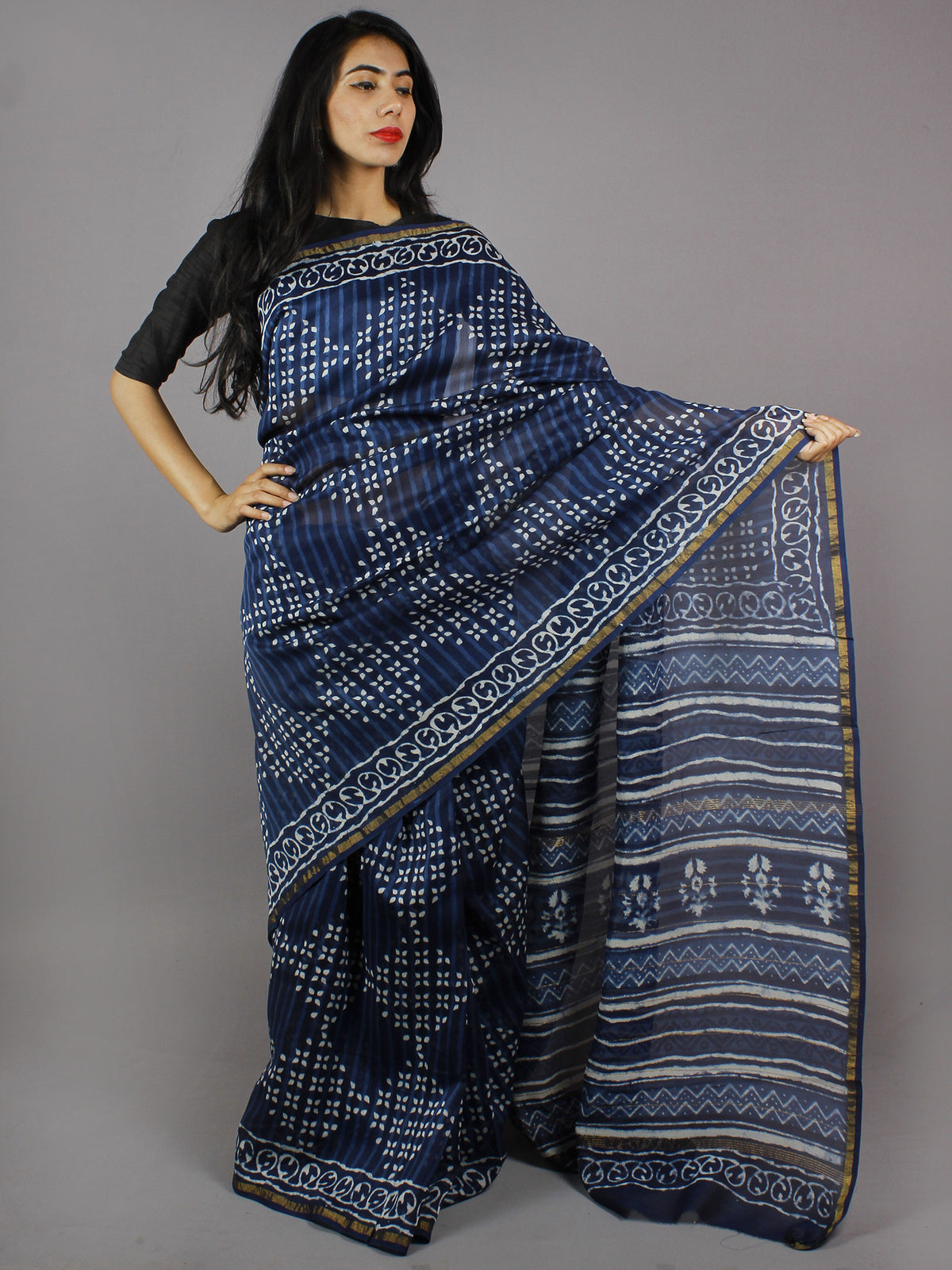 Indigo White Hand Block Printed in Natural Colors Chanderi Saree - S03170769