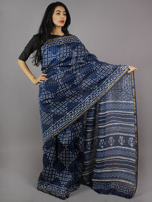 Indigo White Hand Block Printed in Natural Colors Chanderi Saree - S03170769