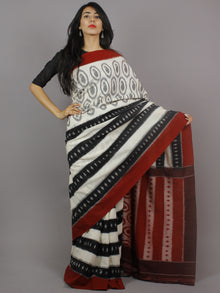 Ivory Black Maroon Grey Ikat Handwoven Pochampally Mercerized Cotton Saree - S031701249