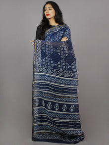 Indigo White Hand Block Printed in Natural Colors Chanderi Saree - S03170769