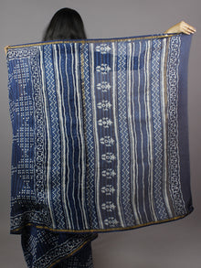 Indigo White Hand Block Printed in Natural Colors Chanderi Saree - S03170769
