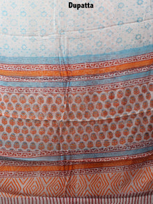 White Orange Blue Hand Block Printed Cotton Suit-Salwar Fabric With Chiffon Dupatta - S1628125