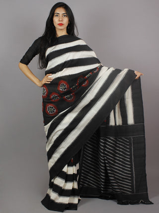 Black White Red Grey Ikat Handwoven Pochampally Mercerized Cotton Saree - S031701251