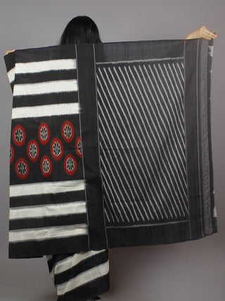 Black White Red Grey Ikat Handwoven Pochampally Mercerized Cotton Saree - S031701251