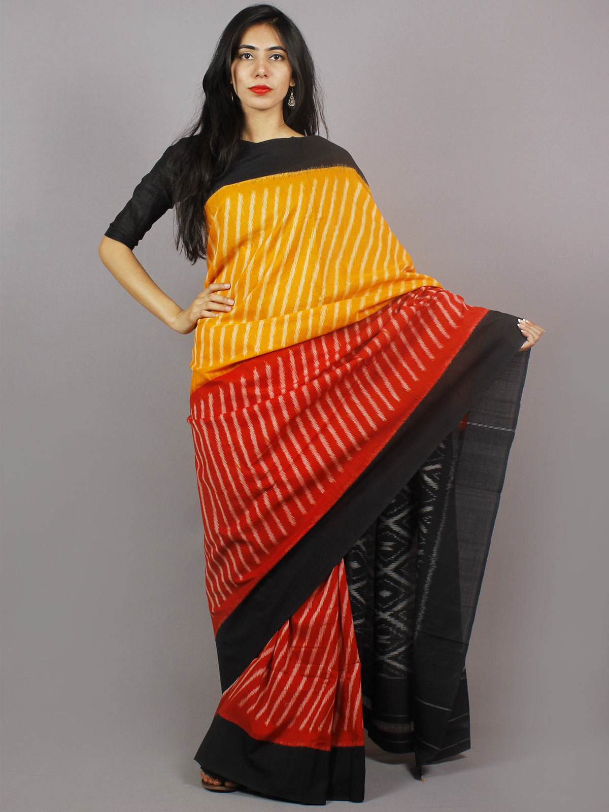 Yellow Red Black Ivory Ikat Handwoven Pochampally Mercerized Cotton Saree - S031701252