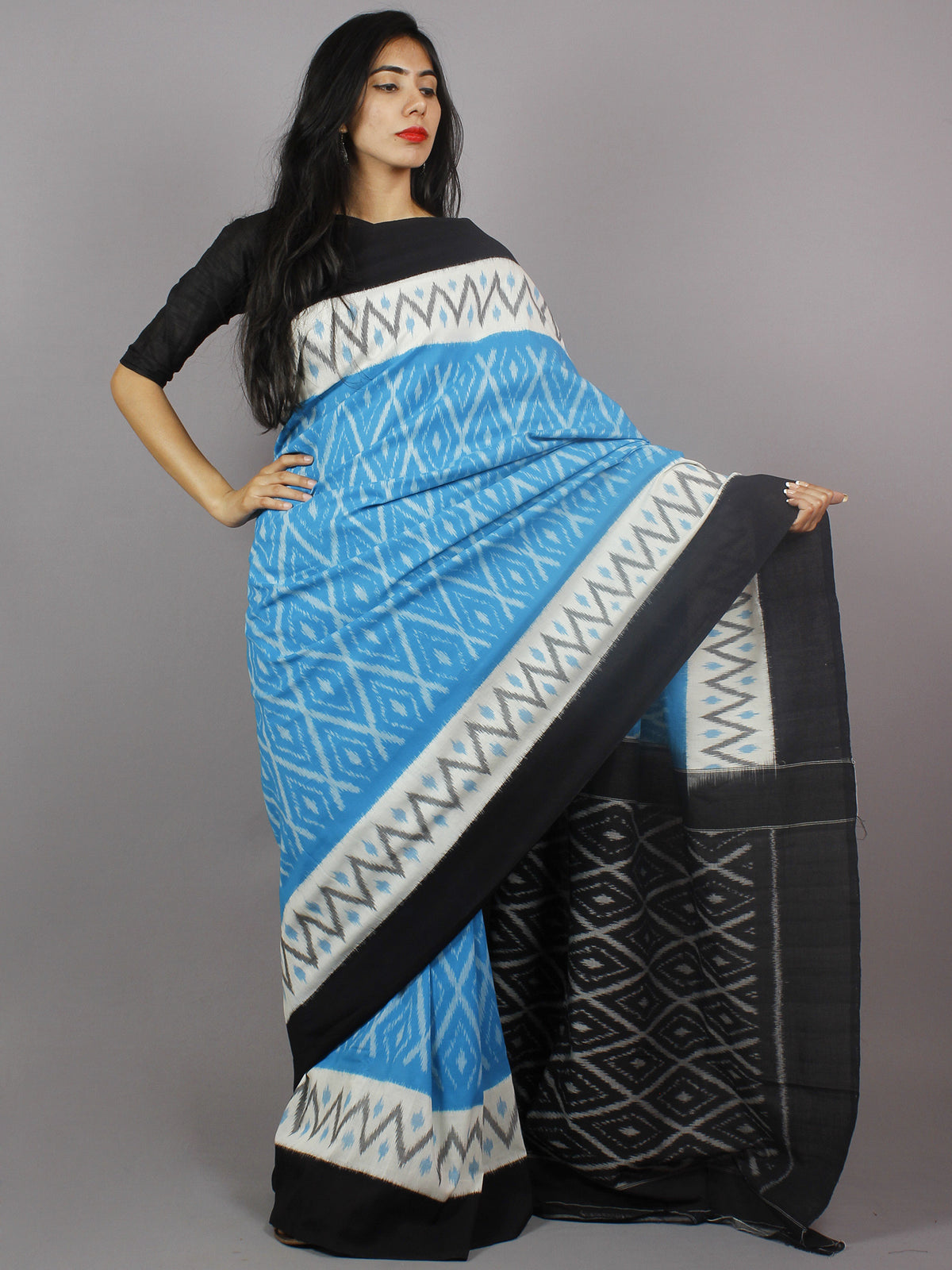 Azure Blue Black White Grey Ikat Handwoven Pochampally Mercerized Cotton Saree - S031701253
