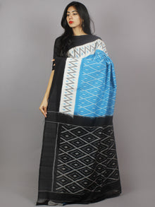 Azure Blue Black White Grey Ikat Handwoven Pochampally Mercerized Cotton Saree - S031701253