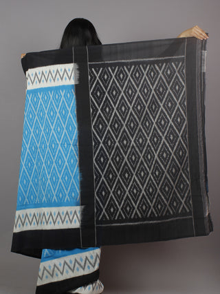 Azure Blue Black White Grey Ikat Handwoven Pochampally Mercerized Cotton Saree - S031701253