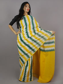 Yellow Green White Ikat Handwoven Pochampally Mercerized Cotton Saree - S031701255