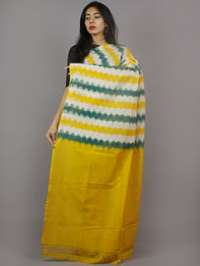 Yellow Green White Ikat Handwoven Pochampally Mercerized Cotton Saree - S031701255