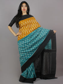 Mustard Teal Green Black Ivory Ikat Handwoven Pochampally Mercerized Cotton Saree - S031701256