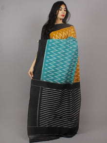 Mustard Teal Green Black Ivory Ikat Handwoven Pochampally Mercerized Cotton Saree - S031701256
