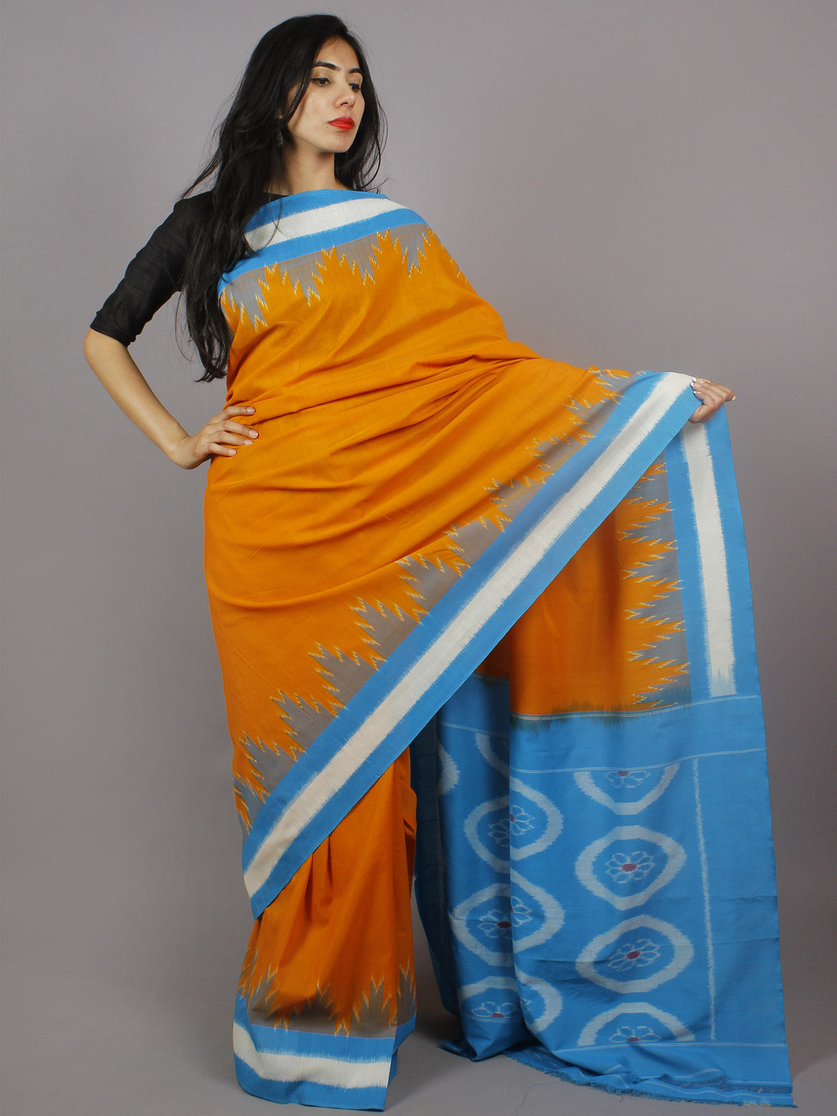 Yellow Azure White Grey Ikat Handwoven Pochampally Mercerized Cotton Saree - S031701258