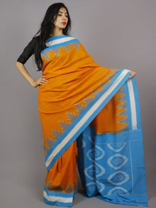 Yellow Azure White Grey Ikat Handwoven Pochampally Mercerized Cotton Saree - S031701258