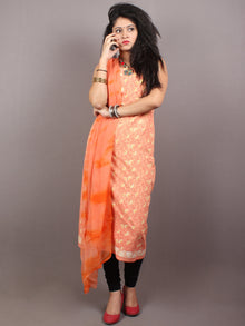 Orange Yellow Hand Block Printed Cotton Suit-Salwar Fabric With Chiffon Dupatta - S1628126