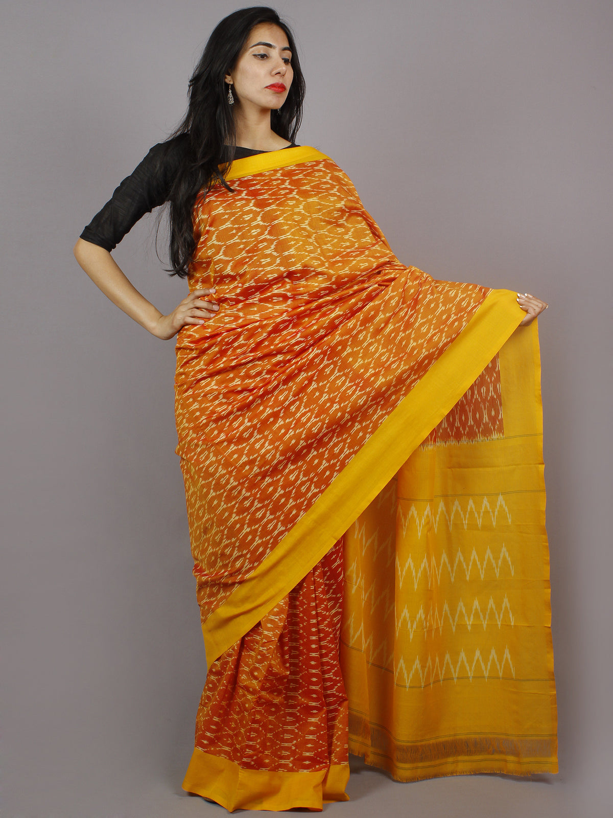 Yellow Golden Red Ikat Handwoven Pochampally Mercerized Cotton Saree - S031701260