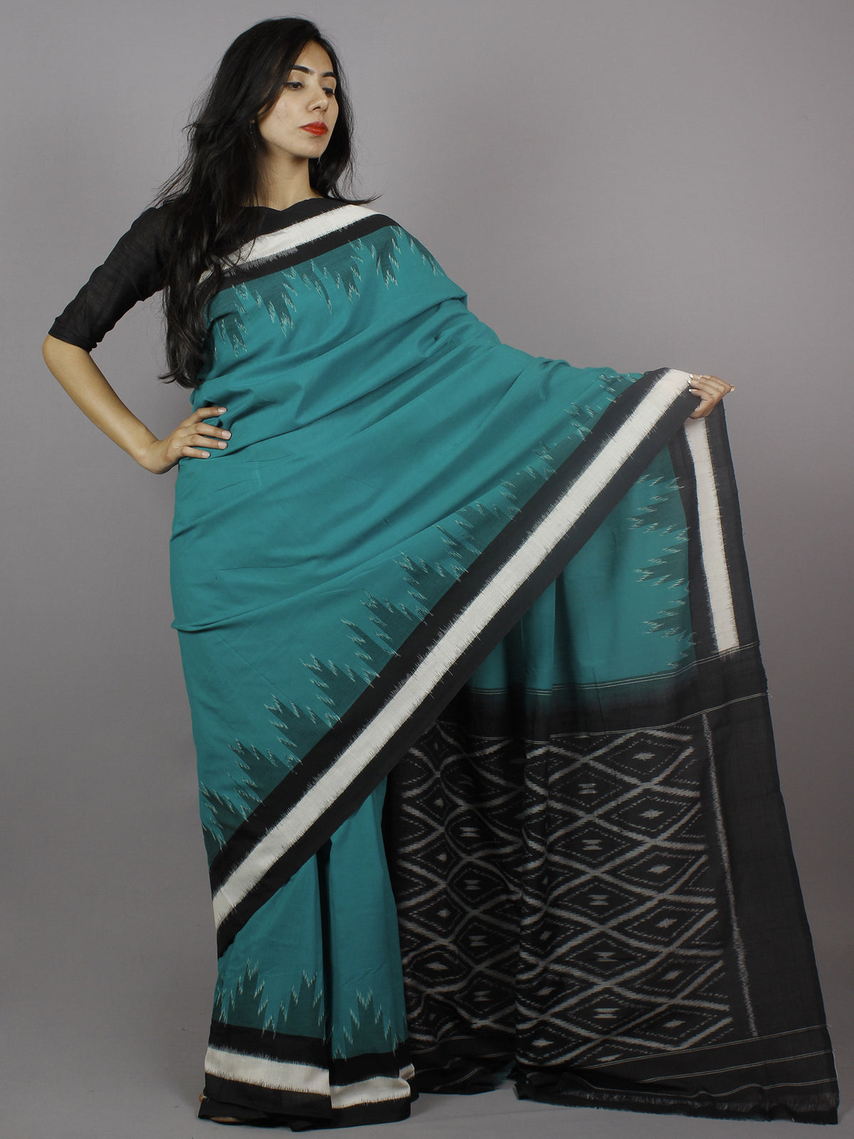 Teal Green Black White Ikat Handwoven Pochampally Mercerized Cotton Saree - S031701263