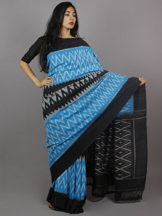 Azure Blue Grey Black White Ikat Handwoven Pochampally Mercerized Cotton Saree - S031701264
