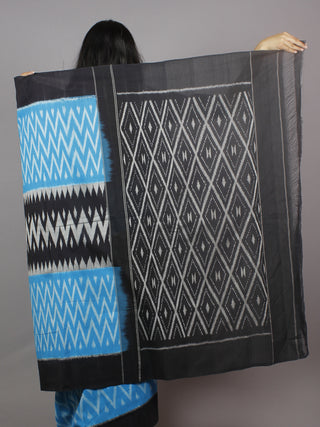Azure Blue Grey Black White Ikat Handwoven Pochampally Mercerized Cotton Saree - S031701264