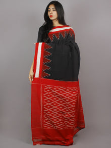 Black Red White Ikat Handwoven Pochampally Mercerized Cotton Saree - S031701265