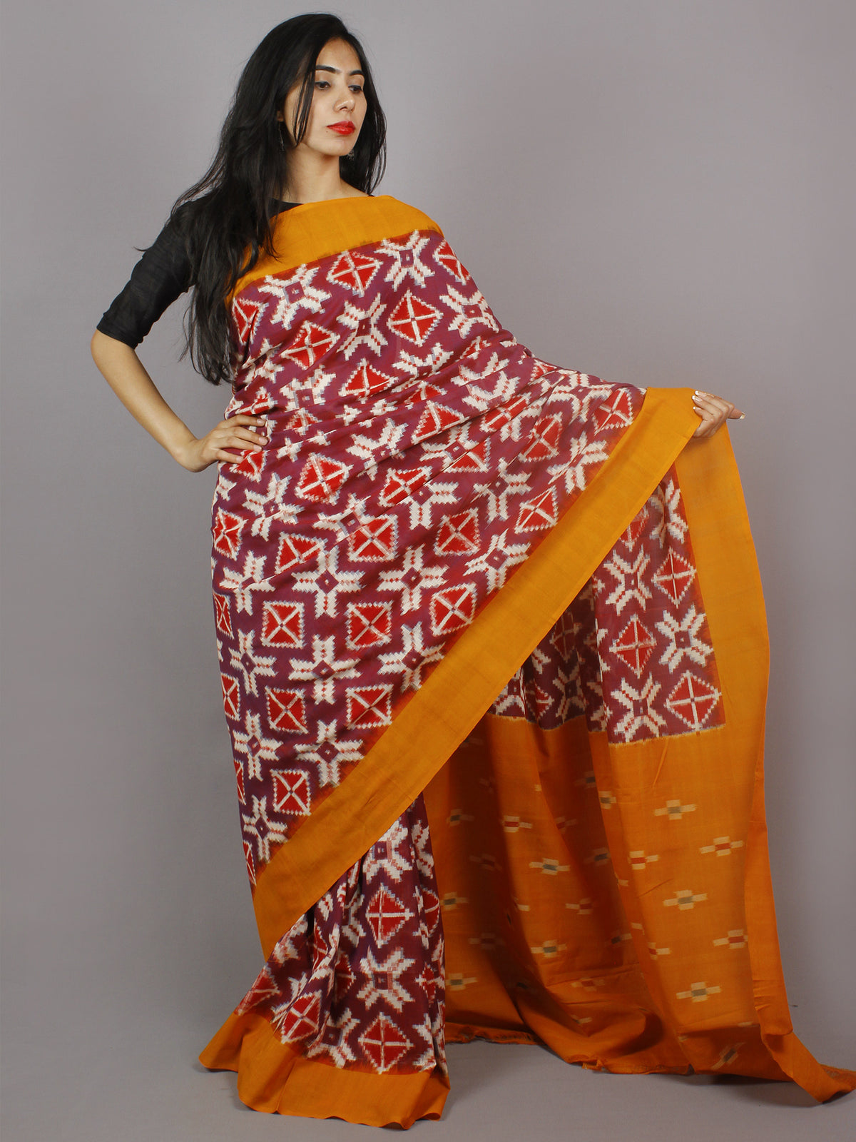 Purple Red Orange White Telia Rumal Double Ikat Handwoven Pochampally Mercerized Cotton Saree - S031701266