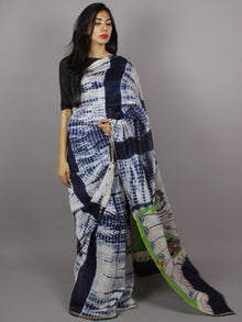 Indigo Ivory Multi Color Hand Shibori Dyed With Kalamkari Pallu Chanderi Silk Saree - S031701267