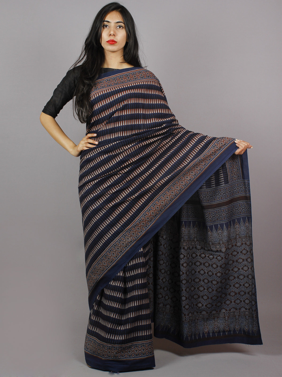 Indigo Beige Brown Maroon Mughal Nakashi Ajrakh Hand Block Printed in Natural Vegetable Colors Cotton Mul Saree - S031701269