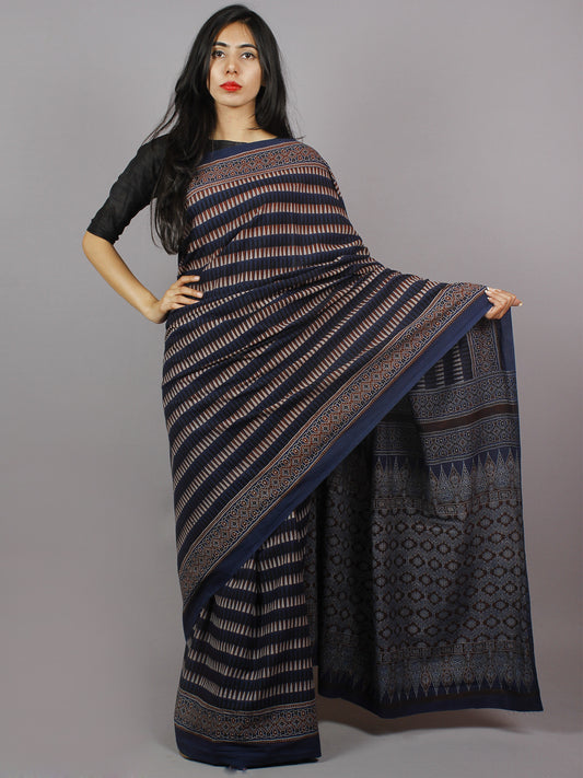 Indigo Beige Brown Maroon Mughal Nakashi Ajrakh Hand Block Printed in Natural Vegetable Colors Cotton Mul Saree - S031701269