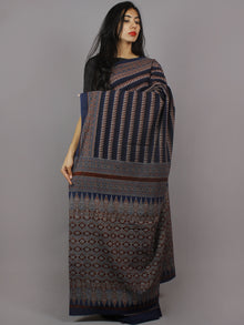 Indigo Beige Brown Maroon Mughal Nakashi Ajrakh Hand Block Printed in Natural Vegetable Colors Cotton Mul Saree - S031701269