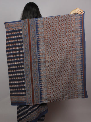 Indigo Beige Brown Maroon Mughal Nakashi Ajrakh Hand Block Printed in Natural Vegetable Colors Cotton Mul Saree - S031701269