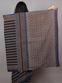 Indigo Beige Brown Maroon Mughal Nakashi Ajrakh Hand Block Printed in Natural Vegetable Colors Cotton Mul Saree - S031701269