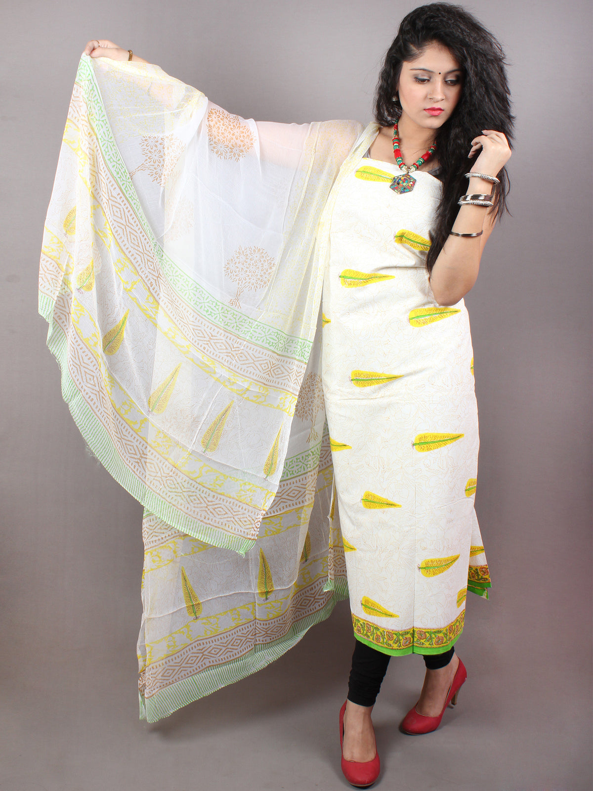 Ivory Yellow Green Hand Block Printed Cotton Suit-Salwar Fabric With Chiffon Dupatta - S1628127