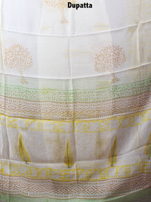 Ivory Yellow Green Hand Block Printed Cotton Suit-Salwar Fabric With Chiffon Dupatta - S1628127