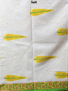 Ivory Yellow Green Hand Block Printed Cotton Suit-Salwar Fabric With Chiffon Dupatta - S1628127
