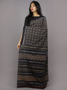 Black Blue Maroon Mughal Nakashi Ajrakh Hand Block Printed in Natural Vegetable Colors Cotton Mul Saree - S031701270