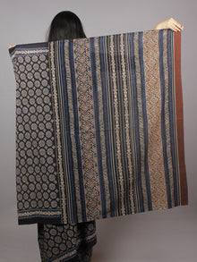 Black Blue Maroon Mughal Nakashi Ajrakh Hand Block Printed in Natural Vegetable Colors Cotton Mul Saree - S031701270