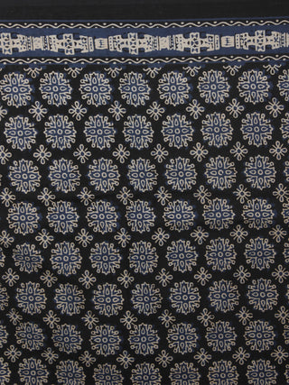 Black Blue Maroon Mughal Nakashi Ajrakh Hand Block Printed in Natural Vegetable Colors Cotton Mul Saree - S031701270