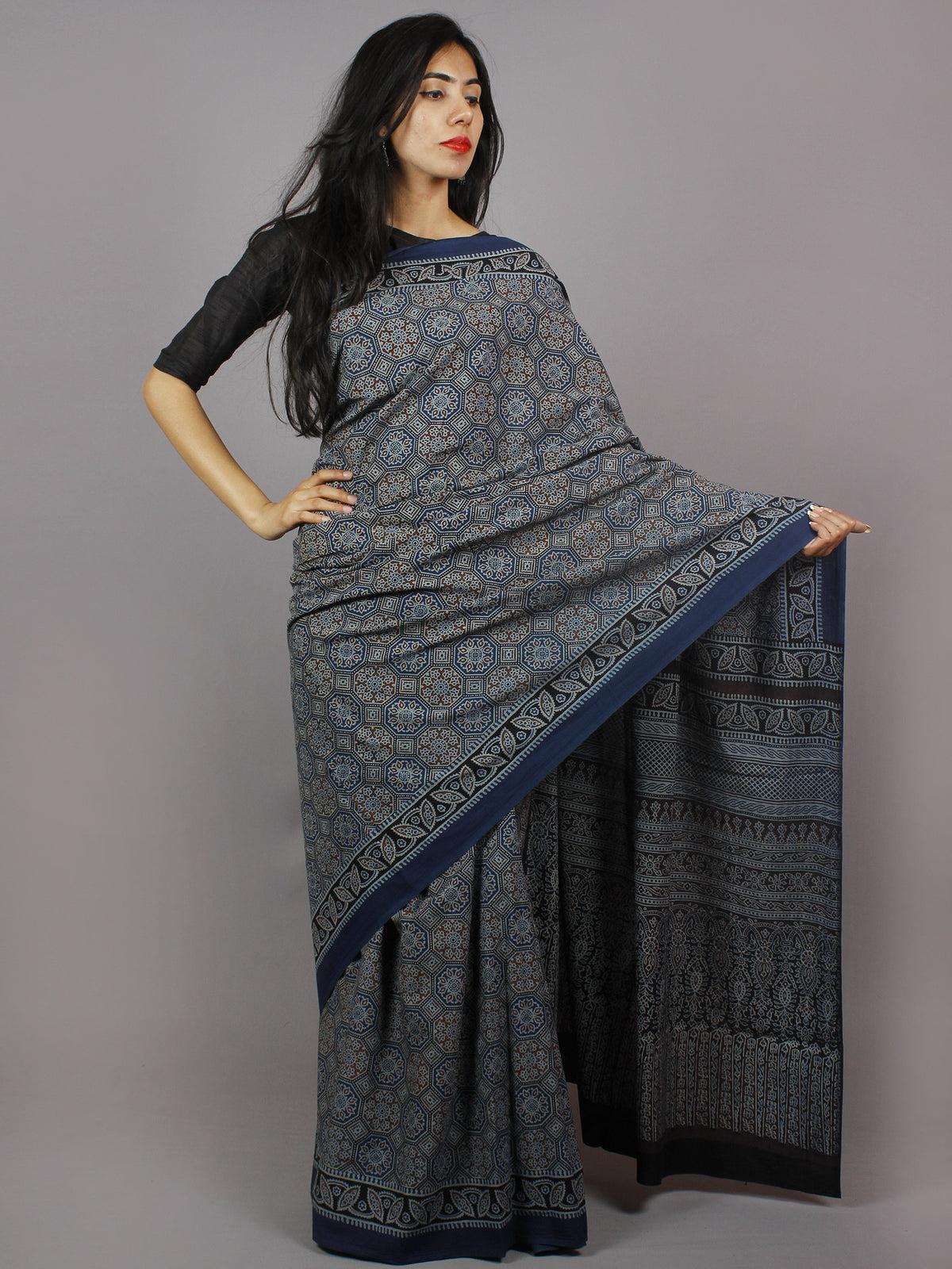 Indigo Maroon Beige Black Mughal Nakashi Ajrakh Hand Block Printed in Natural Vegetable Colors Cotton Mul Saree - S031701271