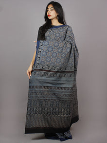 Indigo Maroon Beige Black Mughal Nakashi Ajrakh Hand Block Printed in Natural Vegetable Colors Cotton Mul Saree - S031701271