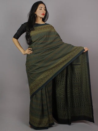 Green Maroon Black Mughal Nakashi Ajrakh Hand Block Printed in Natural Vegetable Colors Cotton Mul Saree - S031701272
