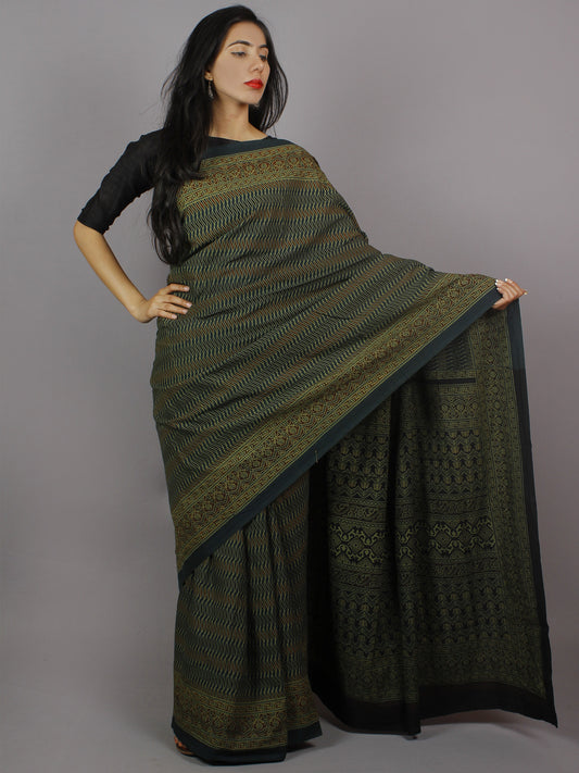 Green Maroon Black Mughal Nakashi Ajrakh Hand Block Printed in Natural Vegetable Colors Cotton Mul Saree - S031701272