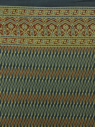 Green Maroon Black Mughal Nakashi Ajrakh Hand Block Printed in Natural Vegetable Colors Cotton Mul Saree - S031701272