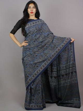 Indigo Brown Beige Black Mughal Nakashi Ajrakh Hand Block Printed in Natural Vegetable Colors Cotton Mul Saree - S031701273