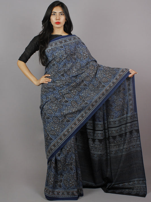Indigo Brown Beige Black Mughal Nakashi Ajrakh Hand Block Printed in Natural Vegetable Colors Cotton Mul Saree - S031701273