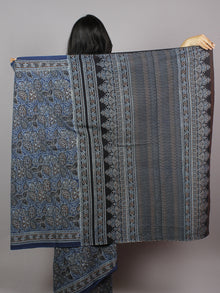 Indigo Brown Beige Black Mughal Nakashi Ajrakh Hand Block Printed in Natural Vegetable Colors Cotton Mul Saree - S031701273