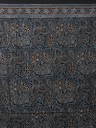 Indigo Brown Beige Black Mughal Nakashi Ajrakh Hand Block Printed in Natural Vegetable Colors Cotton Mul Saree - S031701273