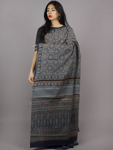 Indigo Brown Beige Black Mughal Nakashi Ajrakh Hand Block Printed in Natural Vegetable Colors Cotton Mul Saree - S031701274