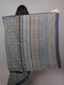 Indigo Brown Beige Black Mughal Nakashi Ajrakh Hand Block Printed in Natural Vegetable Colors Cotton Mul Saree - S031701274
