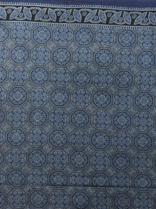 Indigo Brown Beige Black Mughal Nakashi Ajrakh Hand Block Printed in Natural Vegetable Colors Cotton Mul Saree - S031701274