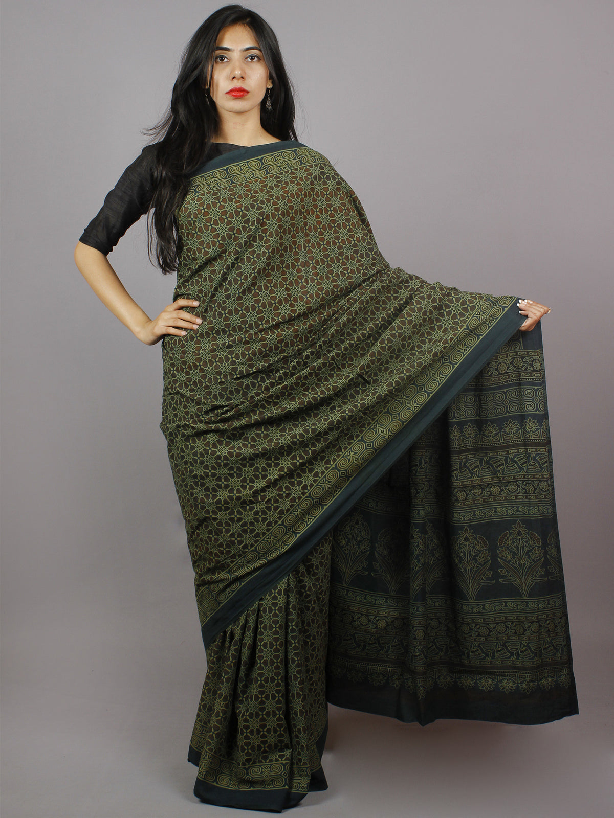 Green Brown Beige Mughal Nakashi Ajrakh Hand Block Printed in Natural Vegetable Colors Cotton Mul Saree - S031701275